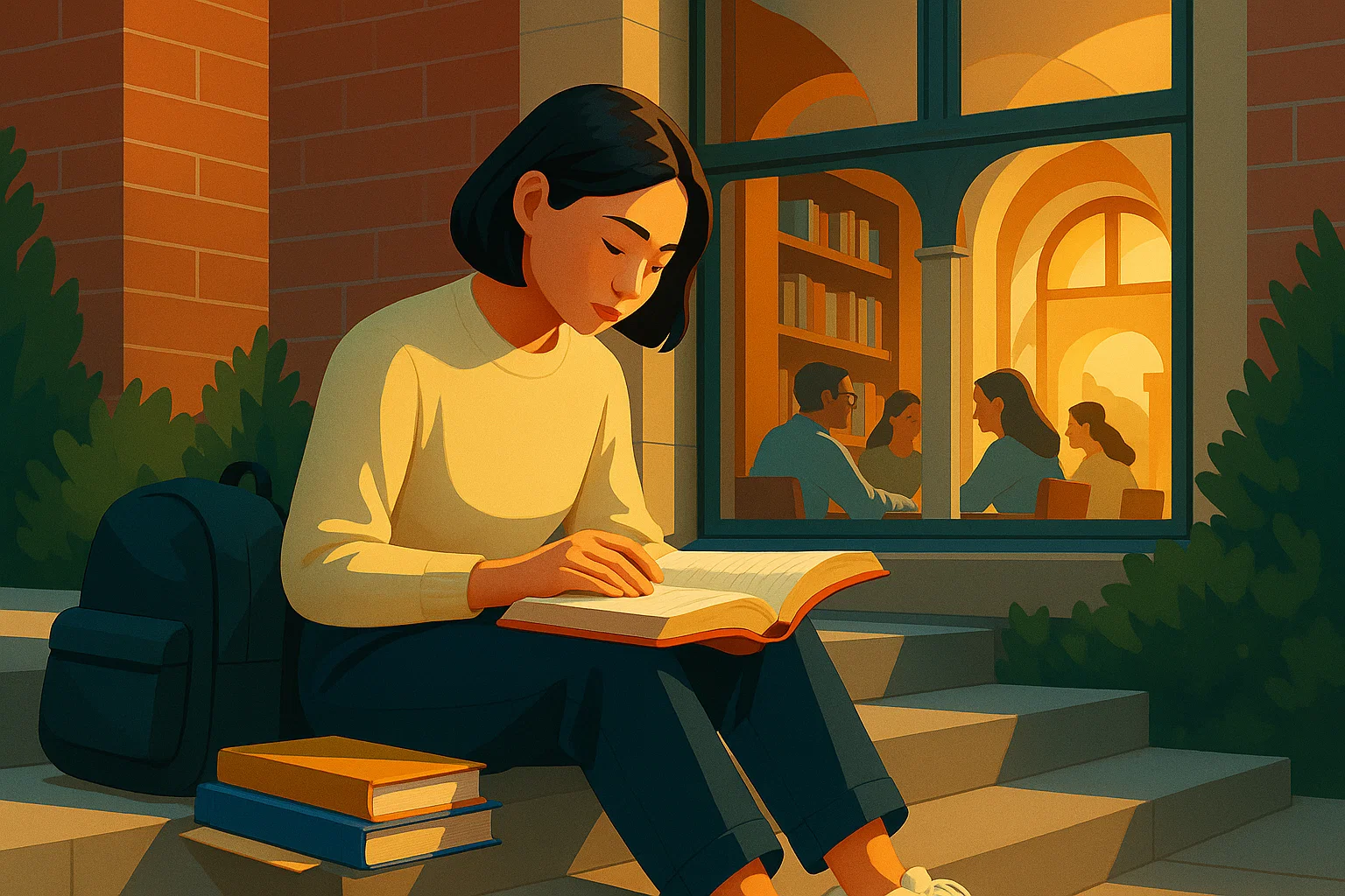 A young woman sits on library steps reading a book, with a backpack and stacked books beside her, while a group of people talk inside the library visible through the window behind her.