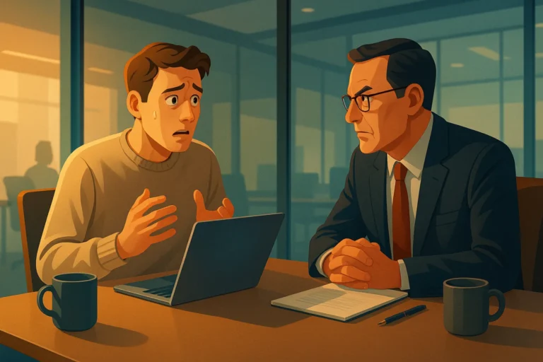 A young man with a worried expression gestures while speaking to an older man in a suit during a meeting, with a laptop, notebooks, and coffee mugs on the table between them.