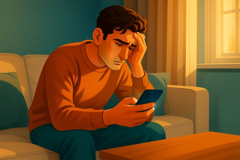 A young man sits on a sofa, holding his phone with a worried expression and resting his head on his hand, in a softly lit living room.