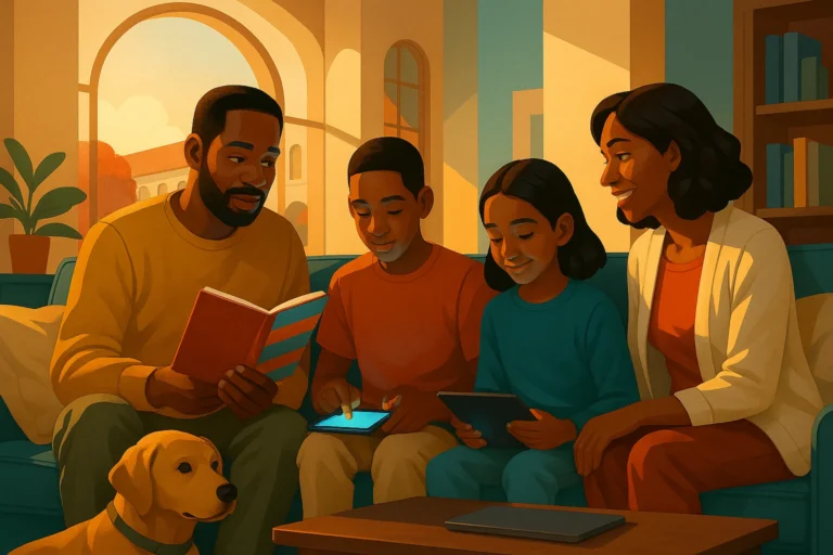 A family of four sit on a sofa with a dog at their feet, smiling as they look at a book and tablets, in a bright living room with large arched windows in the background.