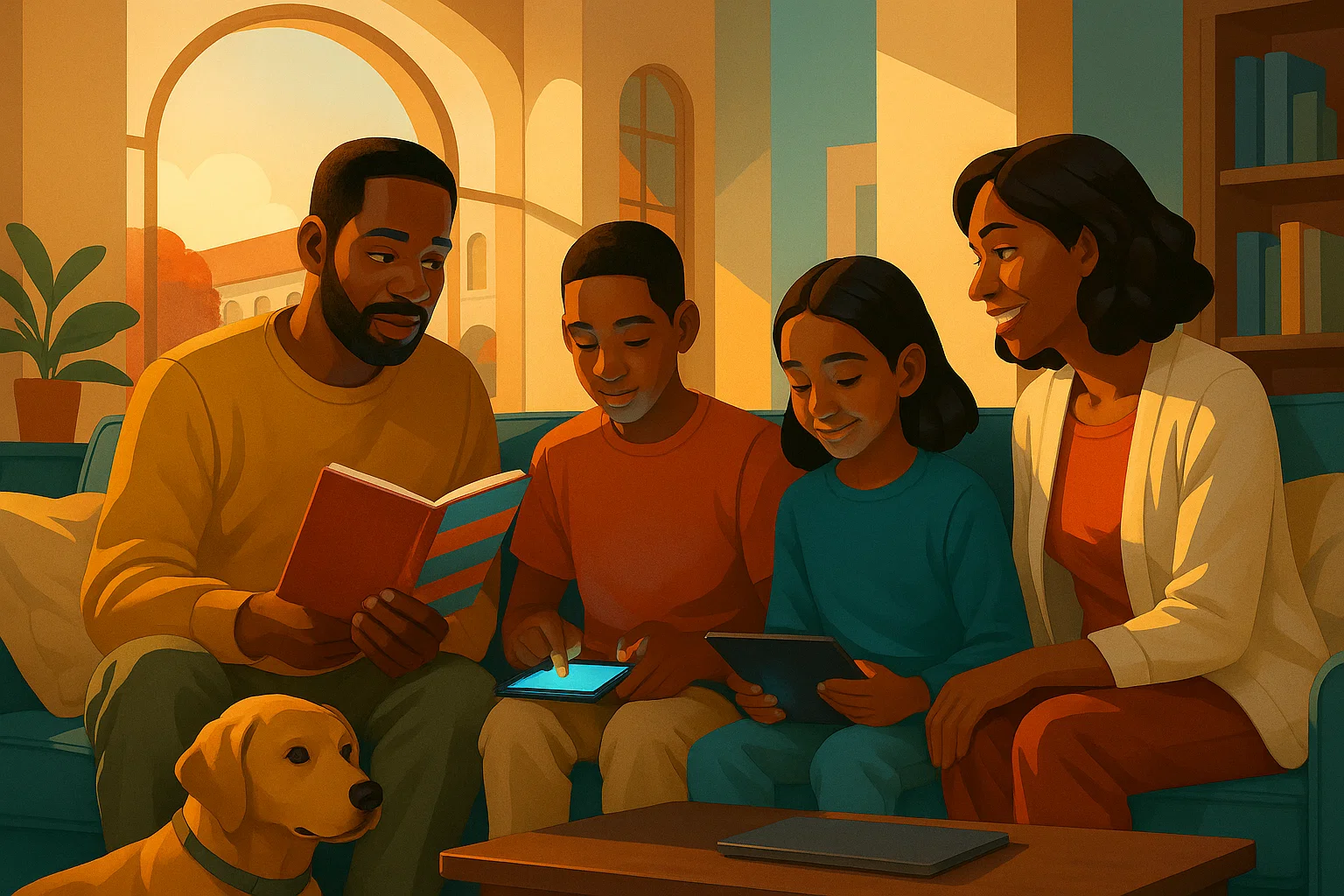 A family of four sit on a sofa with a dog at their feet, smiling as they look at a book and tablets, in a bright living room with large arched windows in the background.