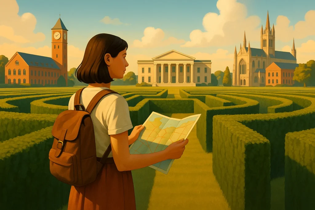 A student with a brown backpack holds a map while standing at the entrance of a hedge maze, with a clock tower, neoclassical building, and gothic-style church in the background.