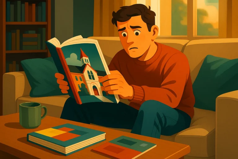 A young man sits on a sofa with a concerned expression, holding a brochure featuring a red-brick campus building, with books and a mug on the coffee table in front of him.