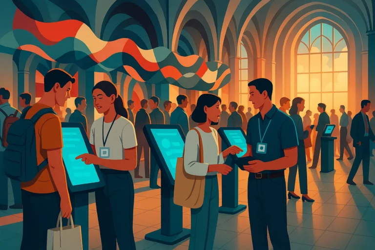 Attendees interact with touchscreen kiosks in a large hall with arched windows, as others network in the background beneath a decorative ribbon installation.