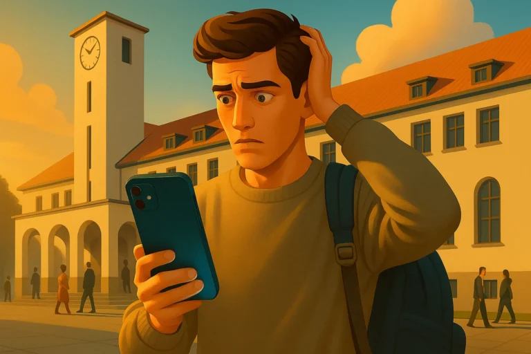 A student with a backpack holds a phone with a concerned expression, standing outside a university building with a clock tower.