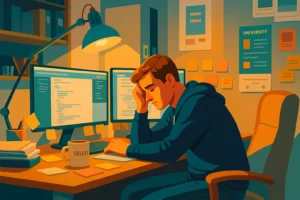 A developer in a hoodie sits at a cluttered desk with dual monitors and sticky notes, resting his head in his hand with a tired expression under the glow of a desk lamp.