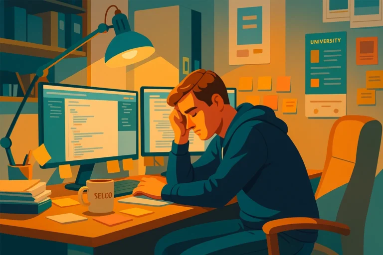 A developer in a hoodie sits at a cluttered desk with dual monitors and sticky notes, resting his head in his hand with a tired expression under the glow of a desk lamp.