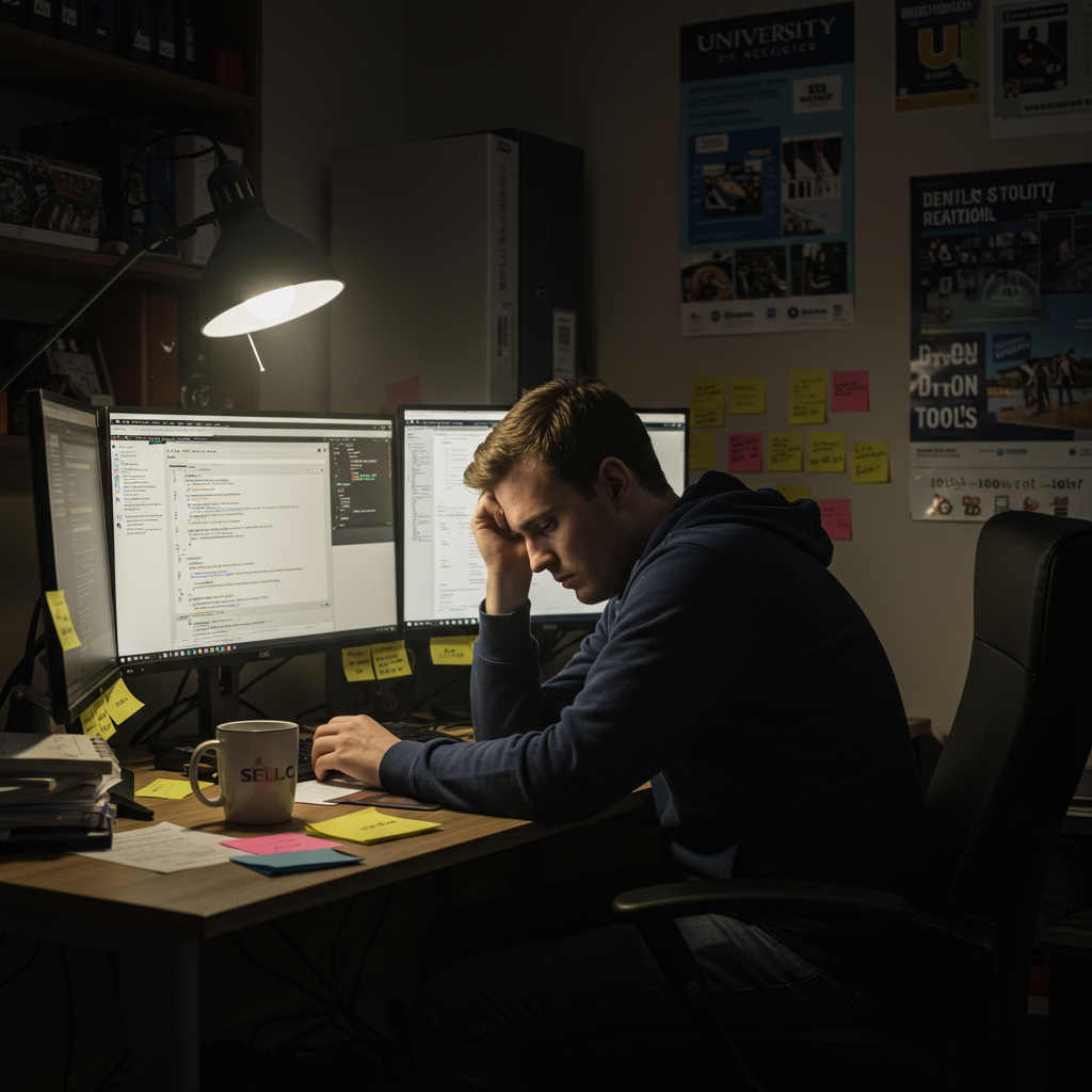 A university web developer sitting at their desk in a cluttered office, looking sad, tired, and overwhelmed from building a bespoke digital prospectus. Their posture is slouched, with their head resting in one hand and a weary expression on their face. Computer monitors display complex code, overdue project emails, and long to-do lists. Sticky notes and paper clutter surround the desk. The lighting is dim and slightly cold, adding to the mood of exhaustion and frustration. The developer is wearing a university-branded hoodie or lanyard, with a half-drunk mug of coffee beside them. The room has posters of university branding and digital tools on the wall.