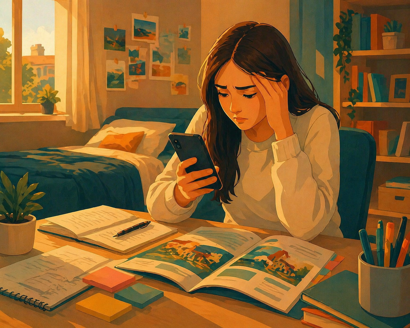 Student stressed while studying at home.