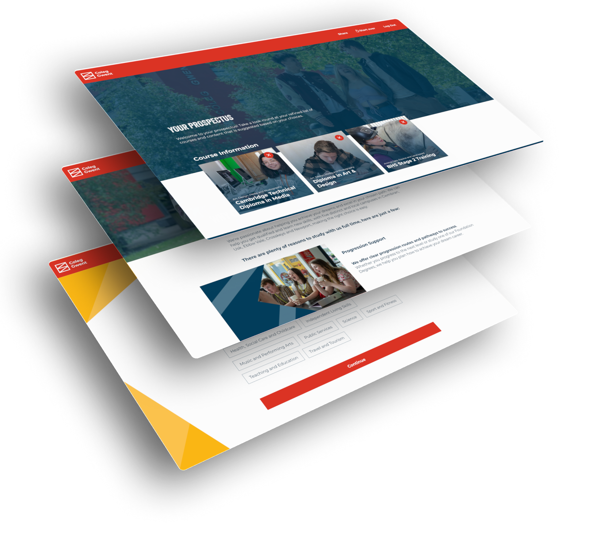 Three browser windows, showing off various aspects of the Coleg Gwent Prospectus - stacked at an almost isometric angle