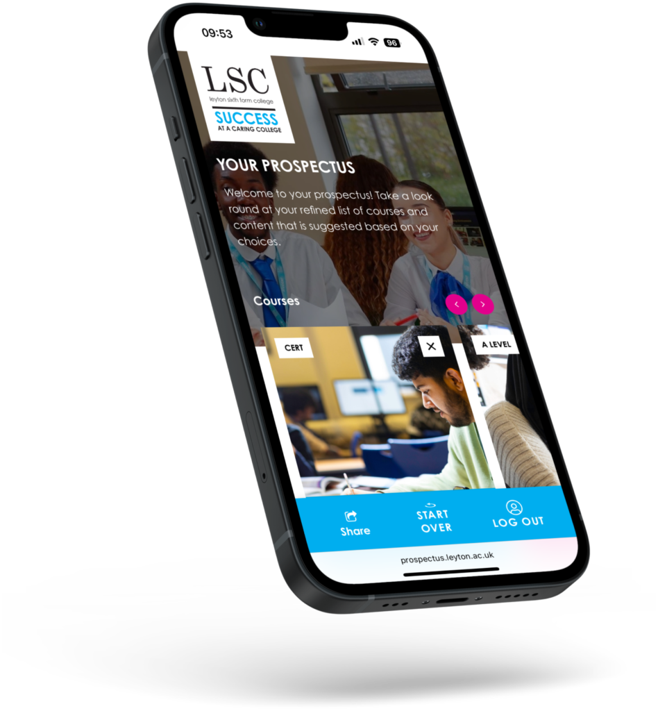 Smartphone displaying a personalised digital prospectus for Leyton Sixth Form College, showing a selection of suggested courses including A Level and Certificate options, with navigation and sharing tools at the bottom of the screen.
