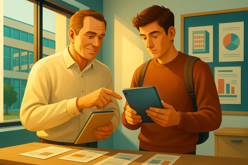A man in a white shirt points at a tablet held by a younger man in a brown jumper, reviewing the CMN prospectus survey results, standing in an office with charts on the wall and documents on the desk.