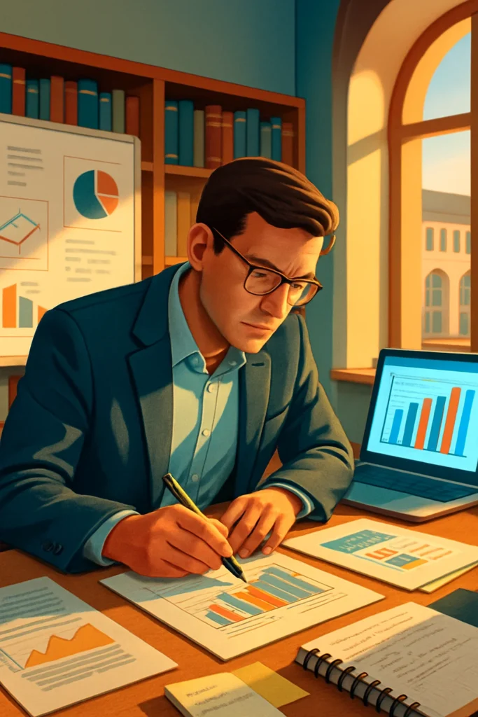 A man in glasses and a blue blazer studies printed bar charts with a pen, surrounded by reports and a laptop displaying a graph, in an office with bookshelves and presentation boards, conducting college prospectus research.