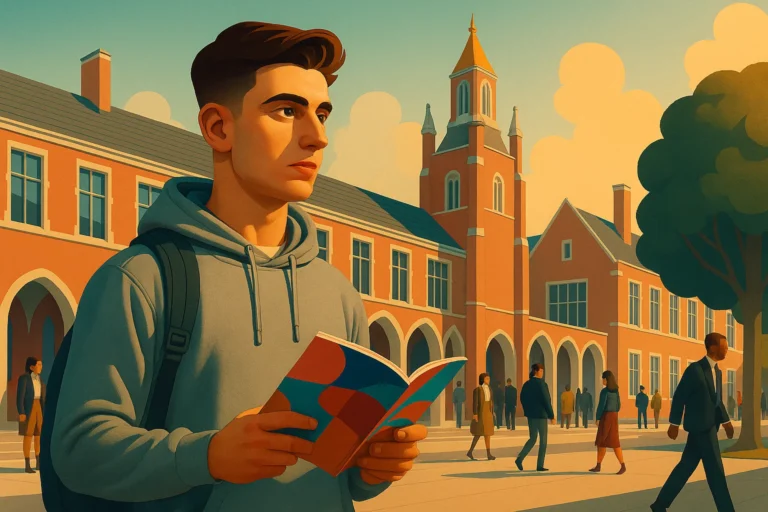 A young man in a grey hoodie holds an open book while standing in front of a red-brick university building, with people walking in the background.