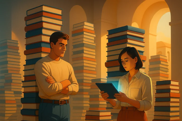 A young man and woman stand among towering stacks of printed prospectuses in a library, with the woman focused on a glowing tablet while the man looks on with folded arms.