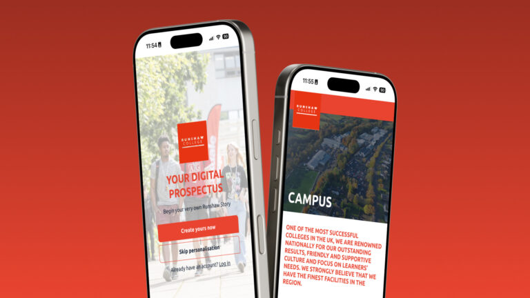 2 floating mobile phones againsta a red background. The phones have the Runshaw College Prospctus loaded on them.