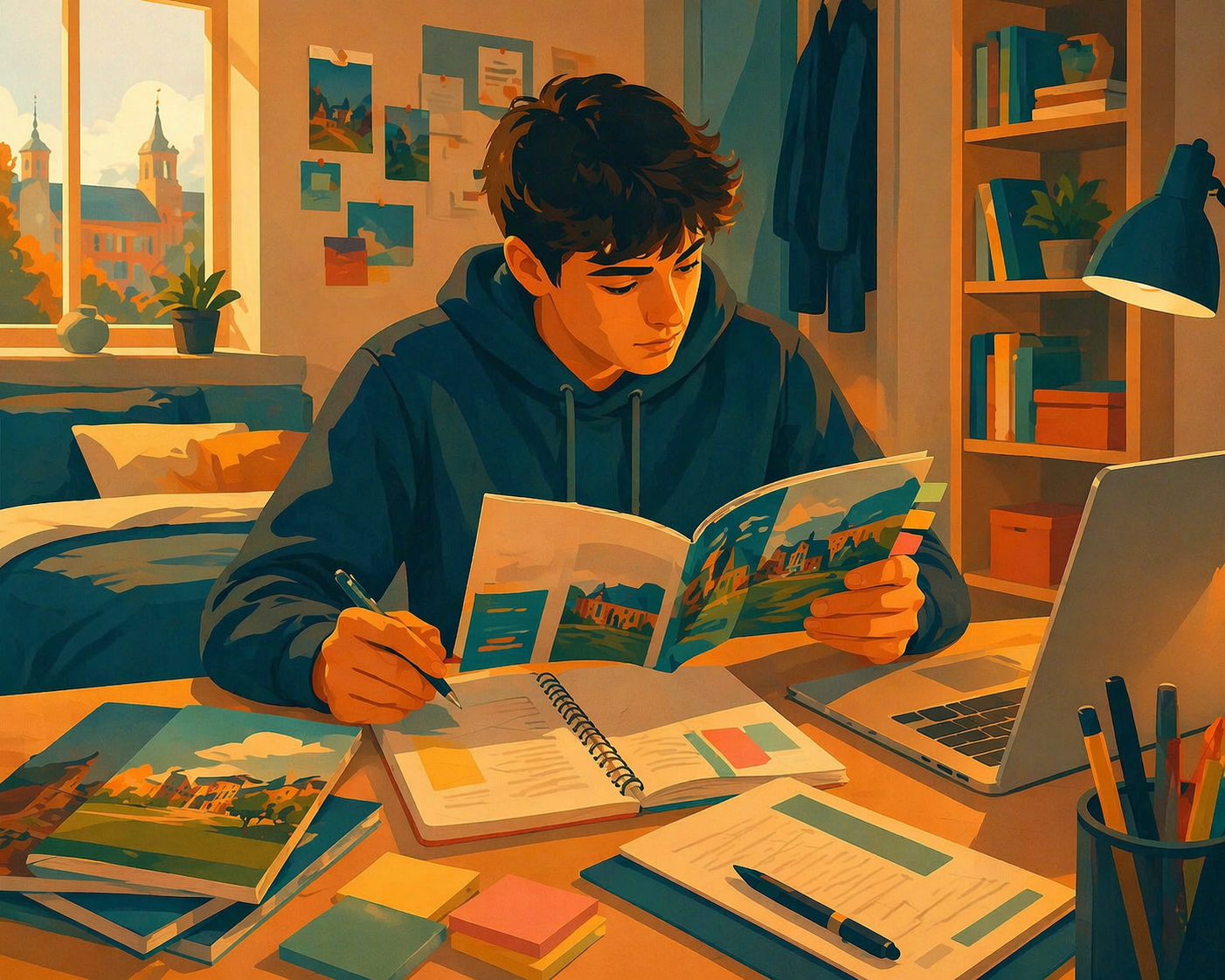 Student researching in a cosy room.