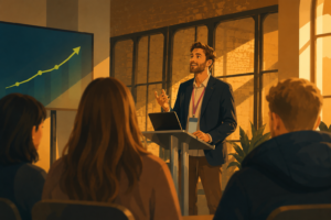 Illustrated conference scene in a warm industrial venue, showing a speaker presenting beside a glowing upward-trending graph while audience members watch from the foreground. Golden sunlight streams through tall windows, creating a cinematic editorial atmosphere with soft shadows and layered depth.