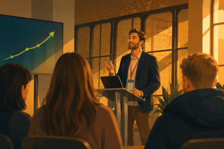 Illustrated conference scene in a warm industrial venue, showing a speaker presenting beside a glowing upward-trending graph while audience members watch from the foreground. Golden sunlight streams through tall windows, creating a cinematic editorial atmosphere with soft shadows and layered depth.